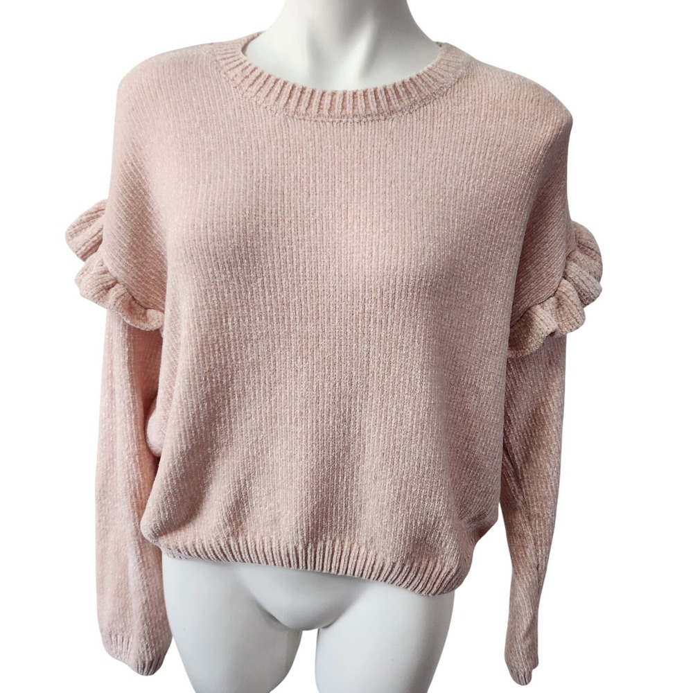 NWT Buffalo David Bitton Ultra Soft Pink Ruffle Sleeve‎ Sweater Large Balletcore